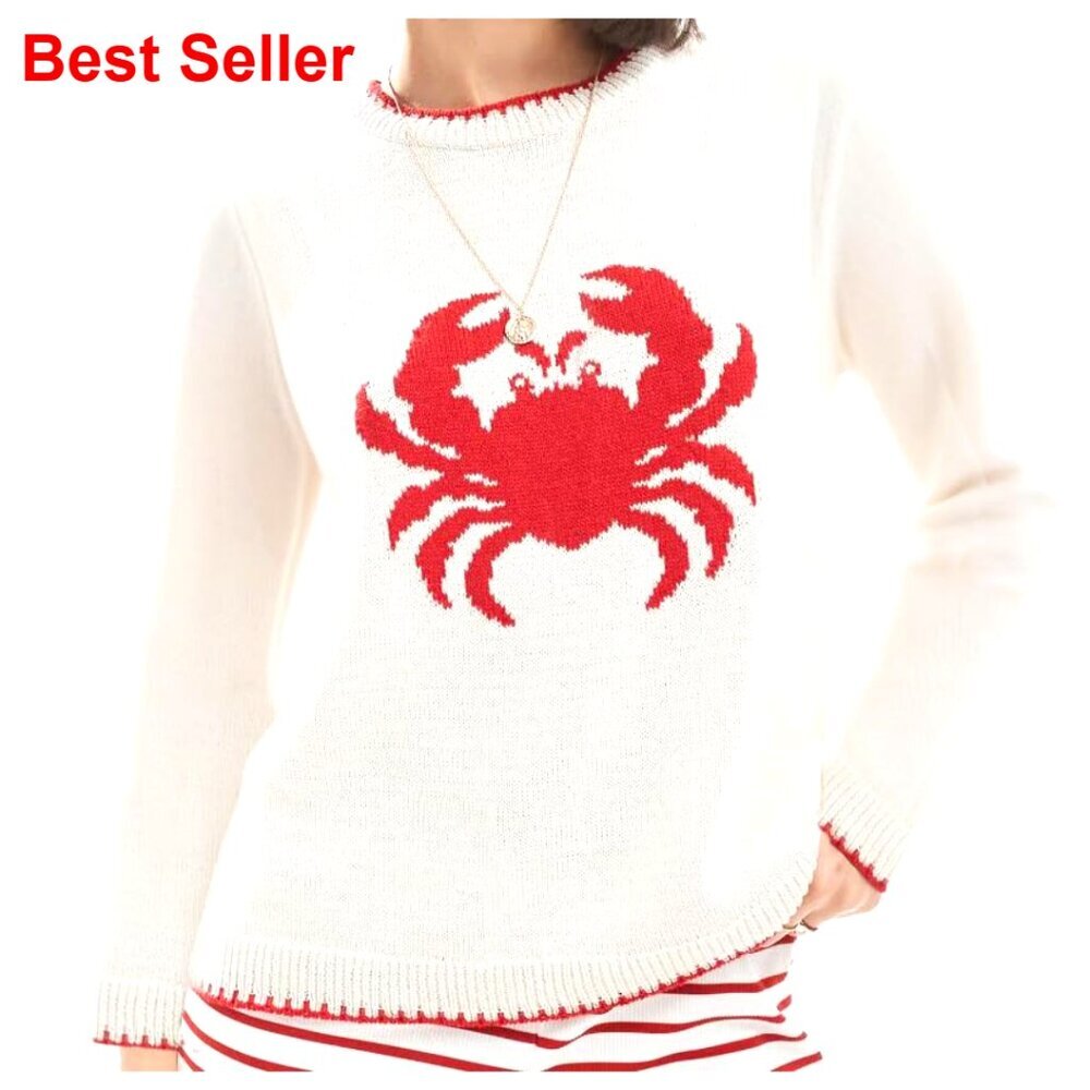 Women's Long Sleeve Crew Neck Pullover Sweater, Loose Fit, Crab Print